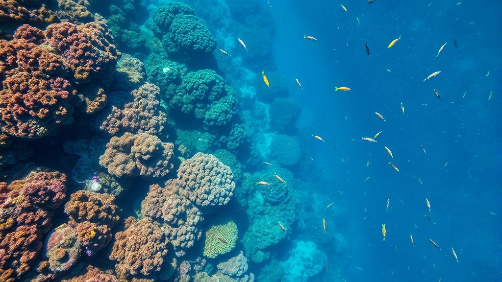 Aerial view of coral reef patterns underwater with colorful marine life and fish schools swimming, vibrant aquatic ecosystem, photorealistic underwater photography
