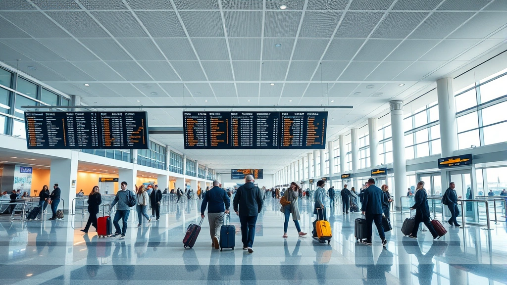 Modern airport terminal interior with departure boards and travelers with luggage, international travel hub atmosphere, clean and bright architecture