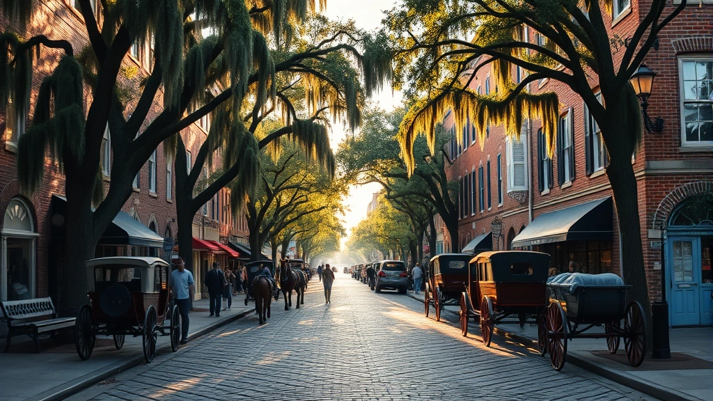 Charleston historic downtown waterfront with cobblestone streets, Spanish moss hanging from oak trees, historic brick buildings, horse-drawn carriages, people walking, golden afternoon sunlight
