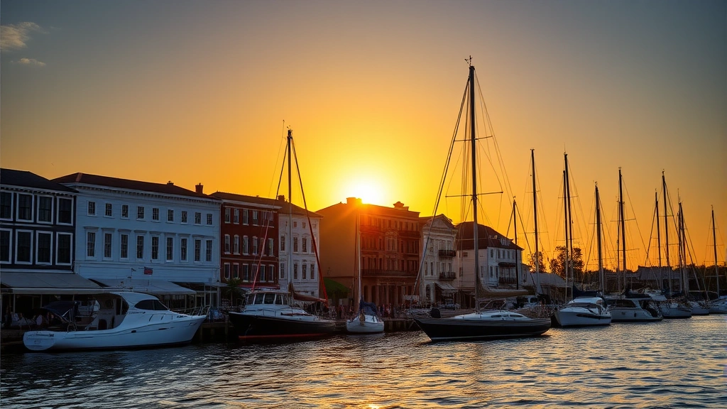 Charleston harbor waterfront with historic buildings and sailboats at sunset, golden light reflecting on water, colonial architecture, peaceful maritime scene
