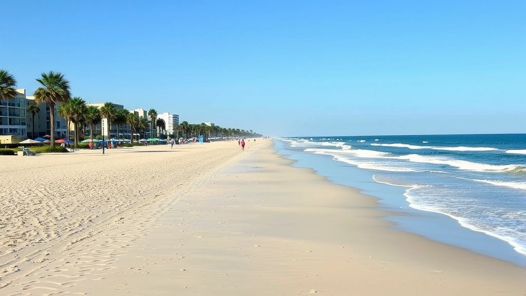 Myrtle Beach shoreline with pristine sand, Atlantic Ocean waves, beach umbrellas, palm trees swaying in breeze, clear blue sky, vacation atmosphere