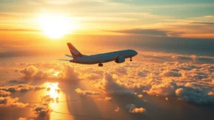 Aerial view of modern commercial aircraft climbing through golden sunrise clouds over ocean landscape, photorealistic professional photography