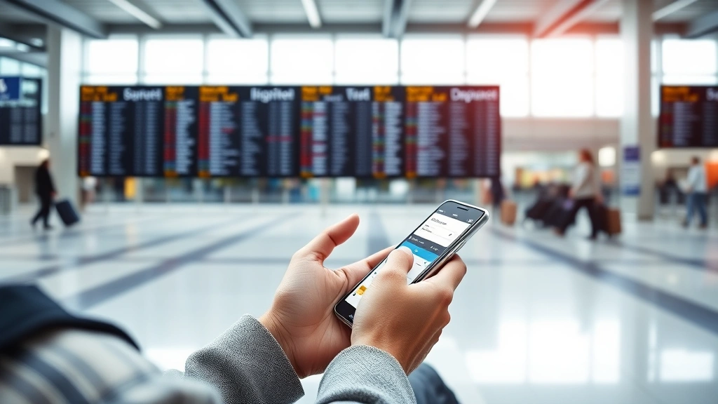 Business traveler in airport terminal using mobile app for flight booking with departure boards visible in soft background, professional travel photography
