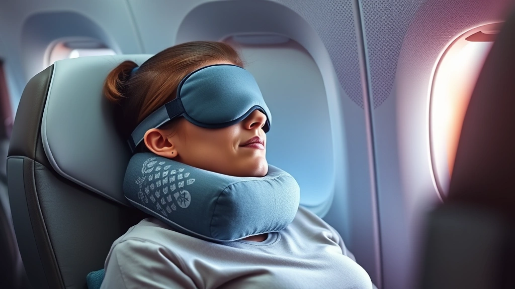 Passenger sleeping comfortably in aircraft window seat with neck pillow and eye mask, serene cabin lighting, realistic travel wellness scene