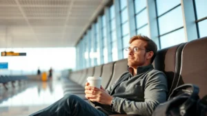 Calm passenger sitting peacefully in airport terminal with coffee, natural window light, relaxed expression, comfortable seating area with modern design, travel bag nearby