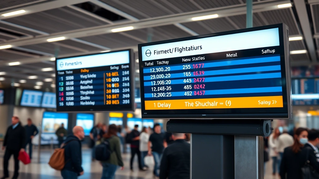 Airport information display board showing flight status with delay information, passengers in background, electronic signage, busy airport environment, professional lighting