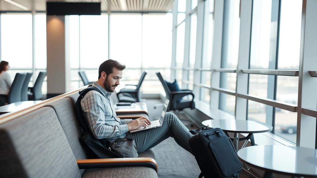 Traveler working on laptop in airport lounge, comfortable seating, productive atmosphere, natural light from windows, peaceful airport environment, focused professional setting