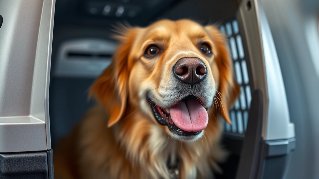 Close-up of a golden retriever with tongue slightly out, sitting in an airline-approved pet carrier, looking nervous but calm, soft cabin lighting, professional travel photography