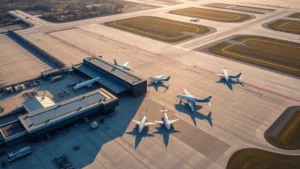 Aerial view of Washington Dulles International Airport terminal buildings with aircraft parked at gates, morning sunlight casting long shadows across runways and taxiways