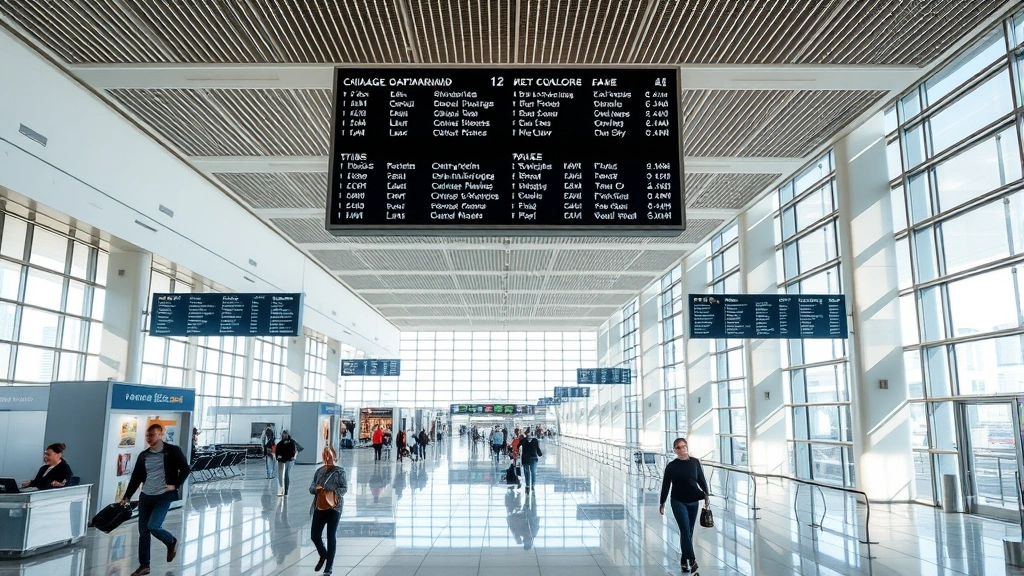 Modern Chicago O'Hare Airport interior showing sleek terminal design with travelers walking through contemporary corridors, departure boards displaying flight information overhead