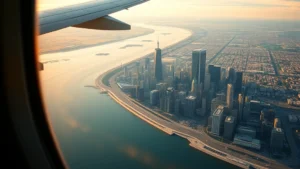 Aerial view of Chicago skyline with Lake Michigan and Willis Tower visible from aircraft window, golden hour lighting, realistic photography