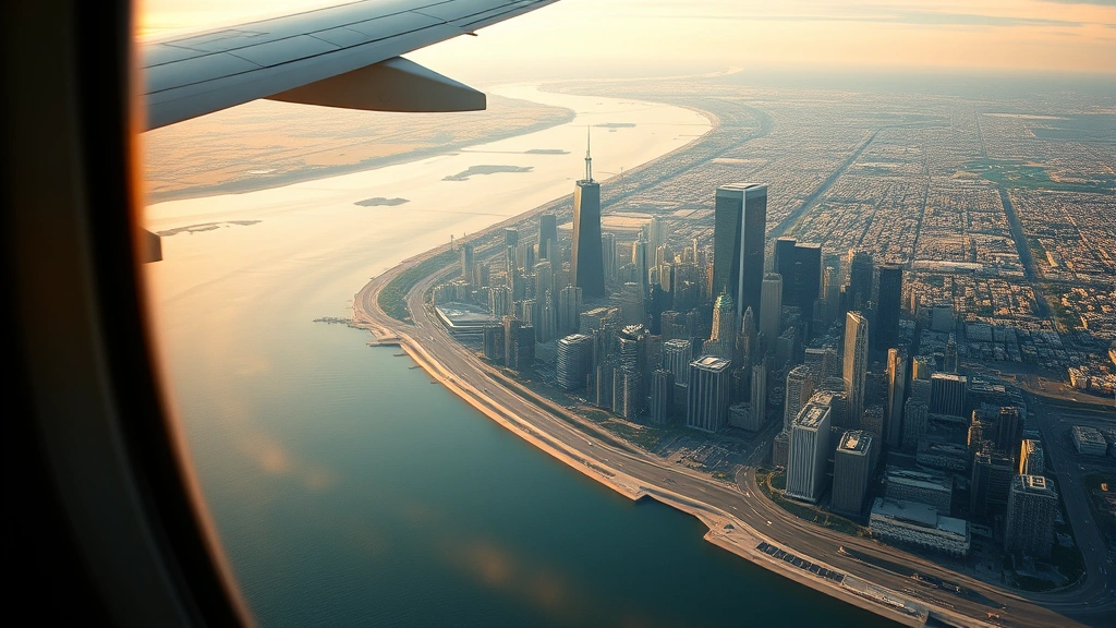 Aerial view of Chicago skyline with Lake Michigan and Willis Tower visible from aircraft window, golden hour lighting, realistic photography