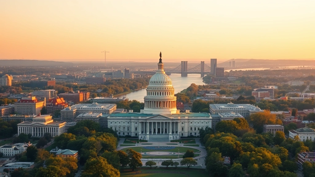 Aerial view of Washington DC skyline with Capitol Building and Potomac River, golden hour lighting, professional travel photography