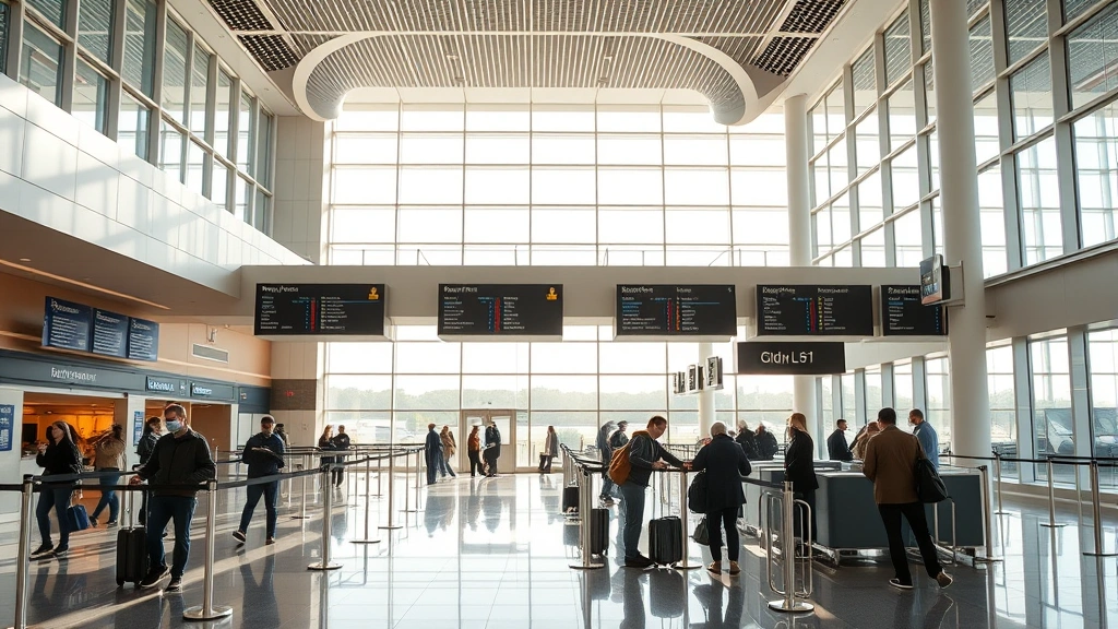 Reagan National Airport terminal interior with travelers checking boards, modern architecture, natural daylight streaming through windows, photorealistic