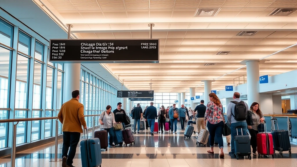 Chicago O'Hare Airport departure lounge with travelers with luggage, contemporary design, bright modern terminal, realistic travel photography