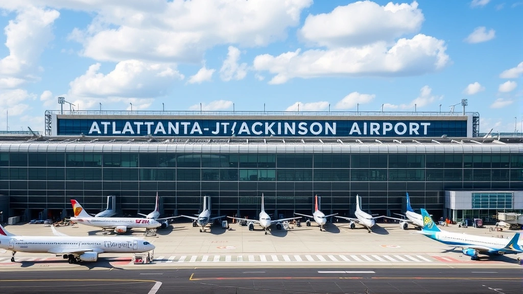 Atlanta Hartsfield-Jackson International Airport exterior with modern architecture, aircraft at gates, blue sky, busy tarmac activity