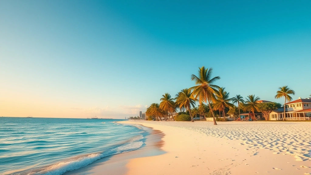 Vibrant Miami beach shoreline with turquoise waters, white sand, and palm trees under clear blue skies during golden hour