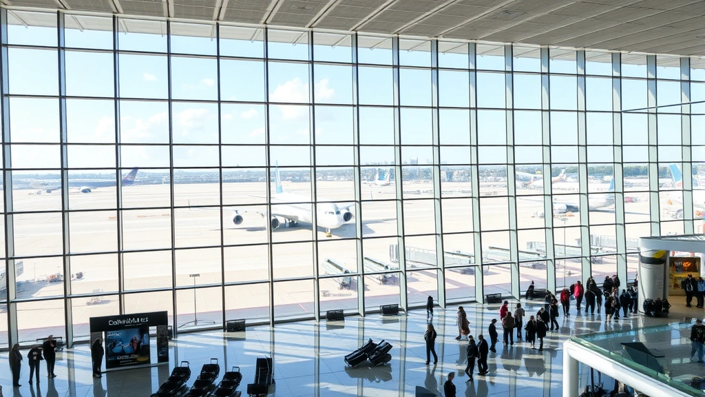 Modern airport terminal interior with floor-to-ceiling windows showing aircraft on tarmac, natural light streaming through, busy passenger concourse