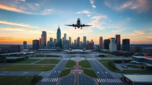 Aerial view of Atlanta skyline with Hartsfield-Jackson airport runways visible, modern cityscape with glass buildings reflecting sunset, commercial airplane approaching landing