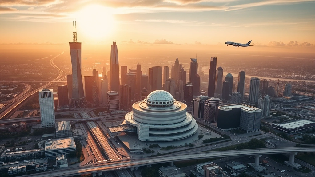 Houston downtown skyline featuring modern skyscrapers and Space Center dome, aerial perspective showing urban sprawl and highways, golden hour lighting with commercial aircraft in sky