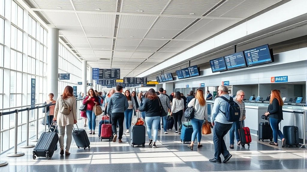 Busy airport departure lounge with diverse travelers checking luggage, modern terminal interior with digital flight boards, natural lighting from large windows, passengers with roller bags at check-in counters