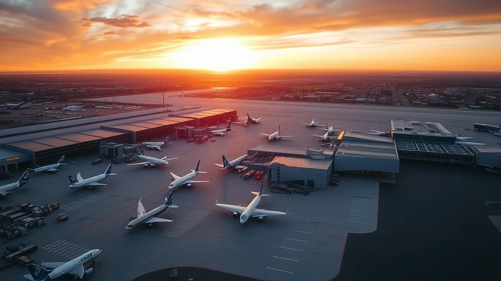 Aerial view of Boston Logan Airport with aircraft parked at gates, sunrise lighting, terminal buildings visible, professional aviation photography