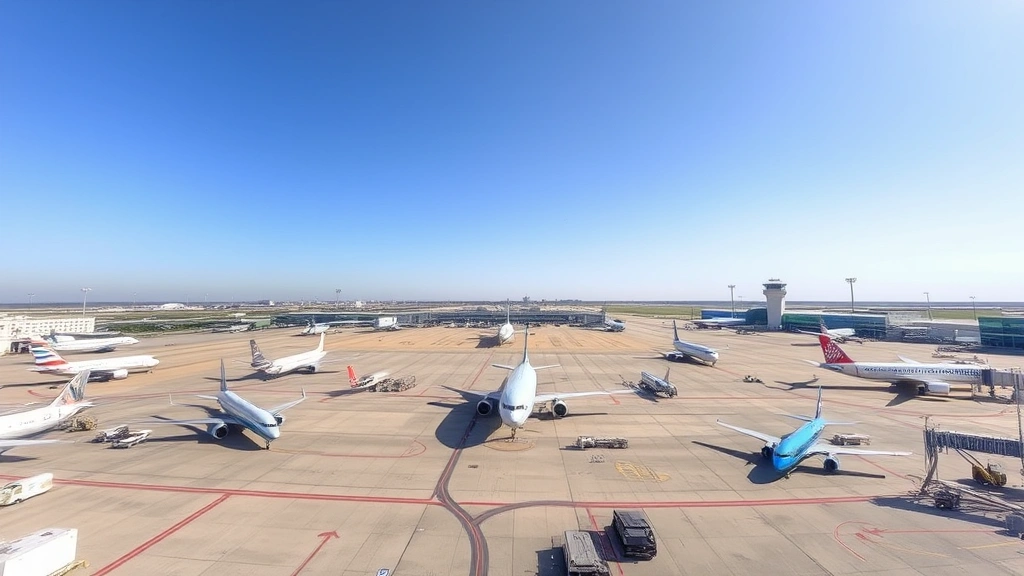 Dallas Fort Worth International Airport tarmac with multiple aircraft, wide-angle landscape shot, clear Texas sky, modern airport infrastructure