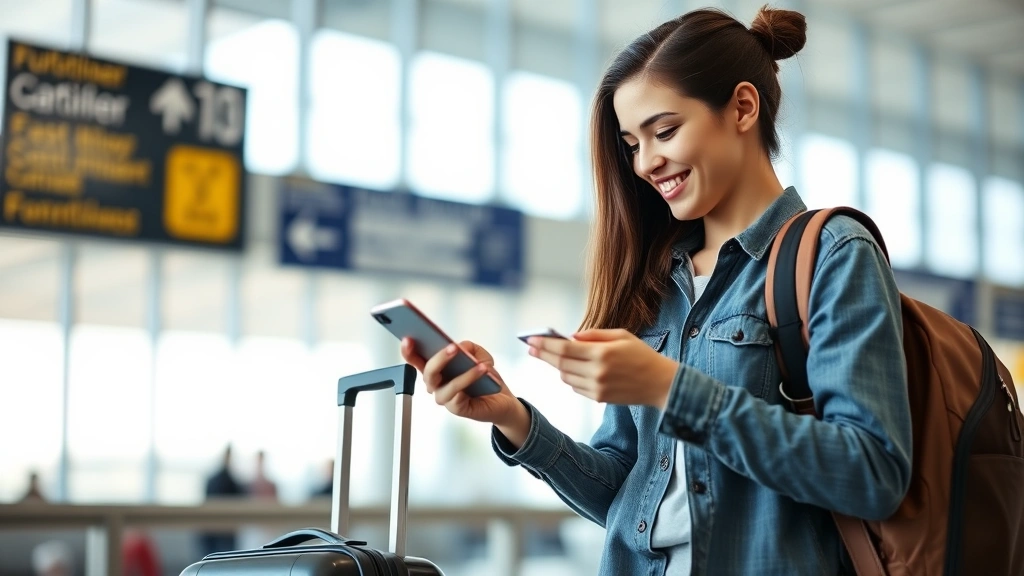 Young traveler checking phone at airport gate with luggage, smiling while looking at flight booking app, natural window lighting, relaxed travel moment