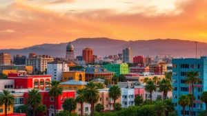 Vibrant Cali cityscape at sunset with colorful buildings and palm trees, golden hour lighting, urban landscape photography, no people or text