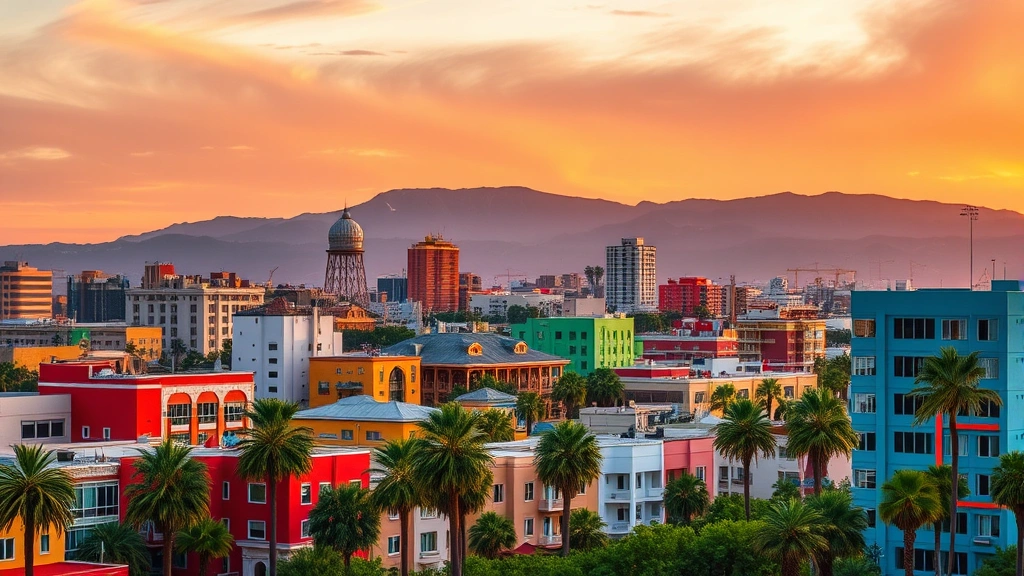 Vibrant Cali cityscape at sunset with colorful buildings and palm trees, golden hour lighting, urban landscape photography, no people or text