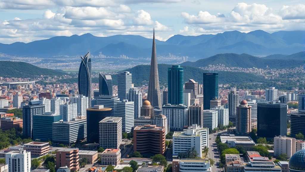 Modern Bogotá skyline with mountains in background, aerial view of Colombian capital with contemporary architecture and natural landscape, daytime photography
