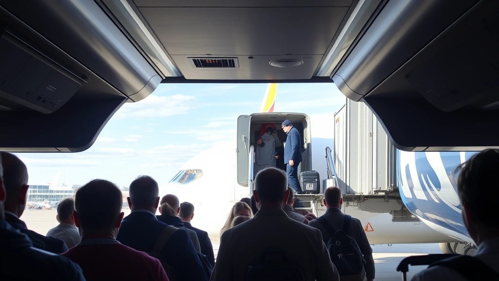 Passengers boarding an airplane at gate with boarding bridge, commercial aircraft interior perspective, travel preparation scene, candid airport activity