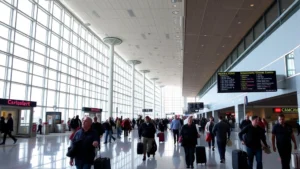 Detroit Metropolitan Airport terminal interior with modern architecture, travelers walking with luggage, departure boards visible, natural lighting through large windows, bustling airport atmosphere