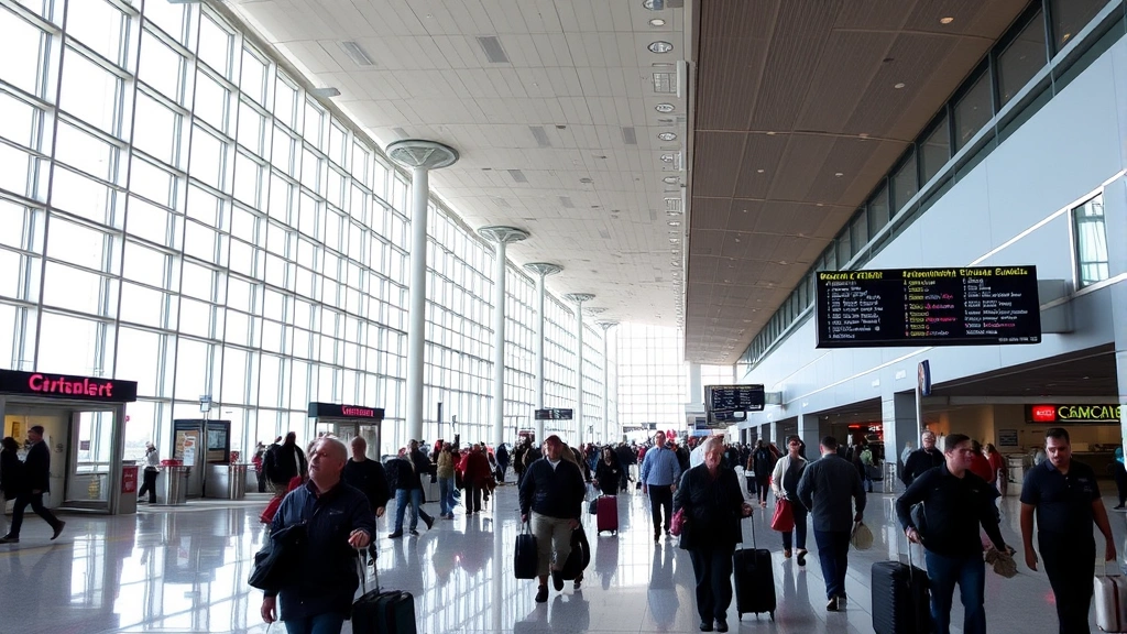 Detroit Metropolitan Airport terminal interior with modern architecture, travelers walking with luggage, departure boards visible, natural lighting through large windows, bustling airport atmosphere