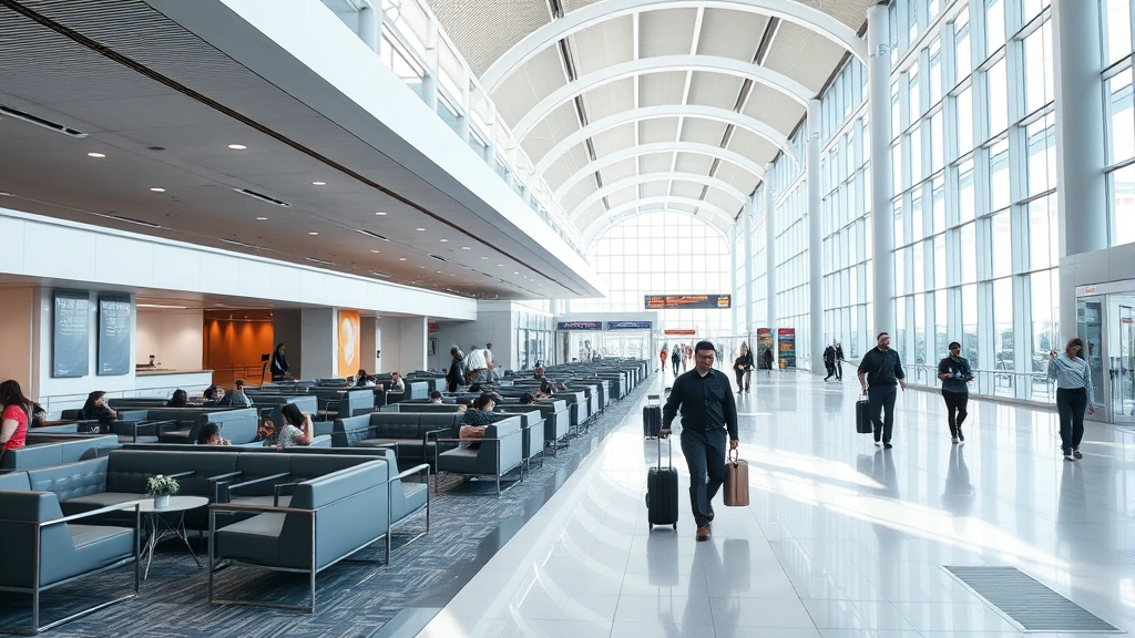 Modern airport terminal interior with natural light, contemporary seating areas, and passengers walking through spacious corridors, bright professional atmosphere, no visible text or signage