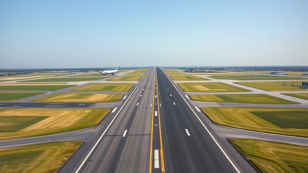 Regional airport runway with two parallel runways visible, clear sky, aircraft in distance, green fields surrounding, professional infrastructure, daytime lighting