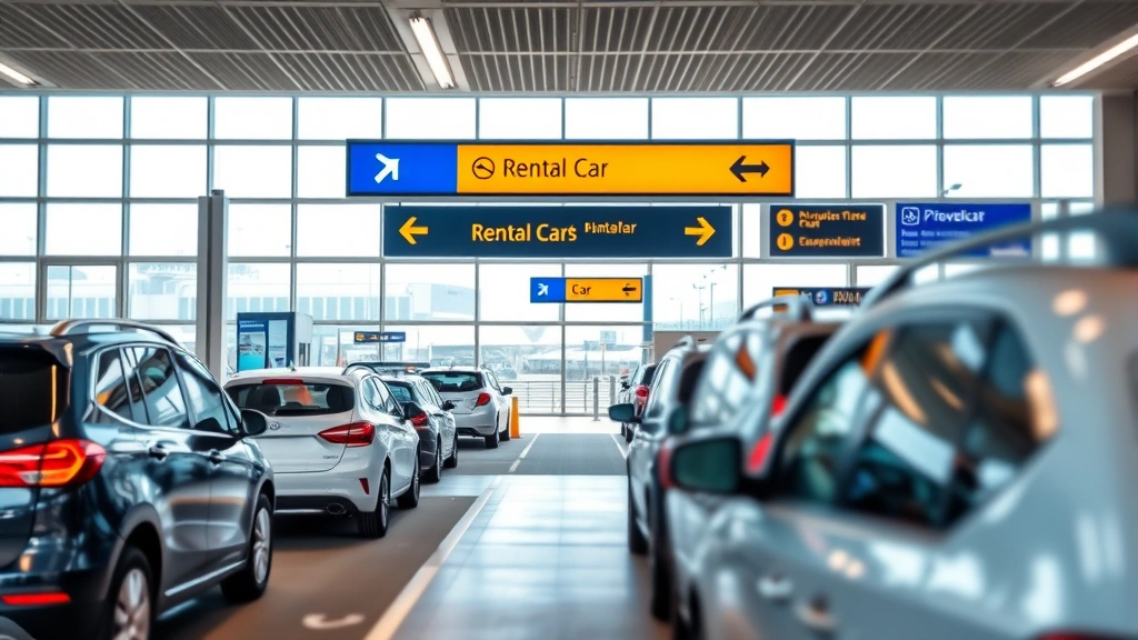 Airport ground transportation area showing rental car facility entrance, modern vehicles, clear directional flow, professional signage blurred, natural daylight, traveler-friendly environment