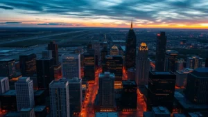 Aerial view of Atlanta skyline at sunset with Hartsfield-Jackson International Airport runway lights visible in distance, modern glass buildings reflecting golden hour light, vibrant cityscape photography