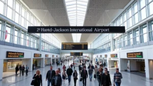 Hartsfield-Jackson Atlanta International Airport terminal interior with passengers walking, modern architecture, natural lighting, bustling atmosphere