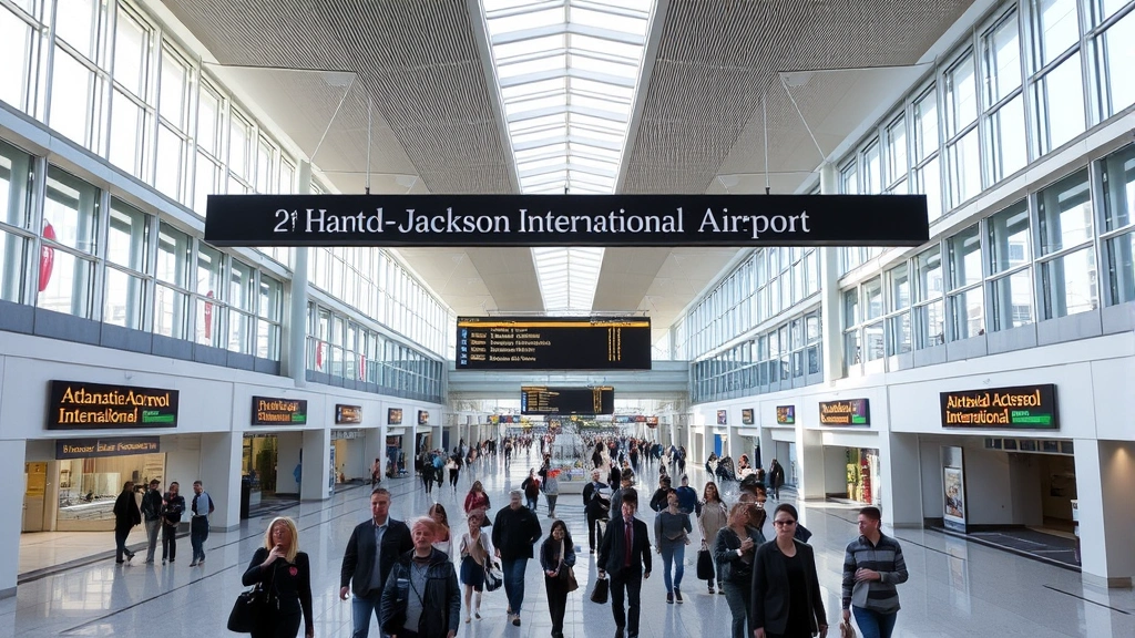 Hartsfield-Jackson Atlanta International Airport terminal interior with passengers walking, modern architecture, natural lighting, bustling atmosphere