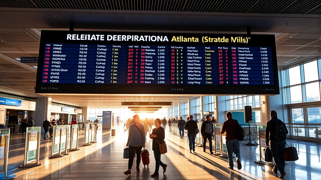Hartsfield-Jackson Atlanta International Airport departure board with vibrant blue lighting, travelers walking through modern terminal, sunlight streaming through large windows, professional travel photography style