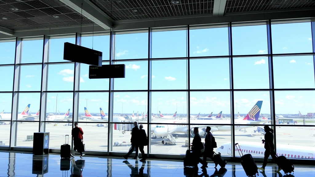Dallas/Fort Worth International Airport departure area with planes visible through windows, travelers with luggage, contemporary airport design, daytime