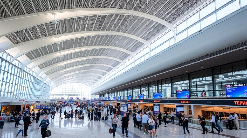 Dallas-Fort Worth International Airport modern architecture with sleek design, bustling terminal with diverse passengers, departure gates visible, contemporary airport aesthetics, daytime natural lighting