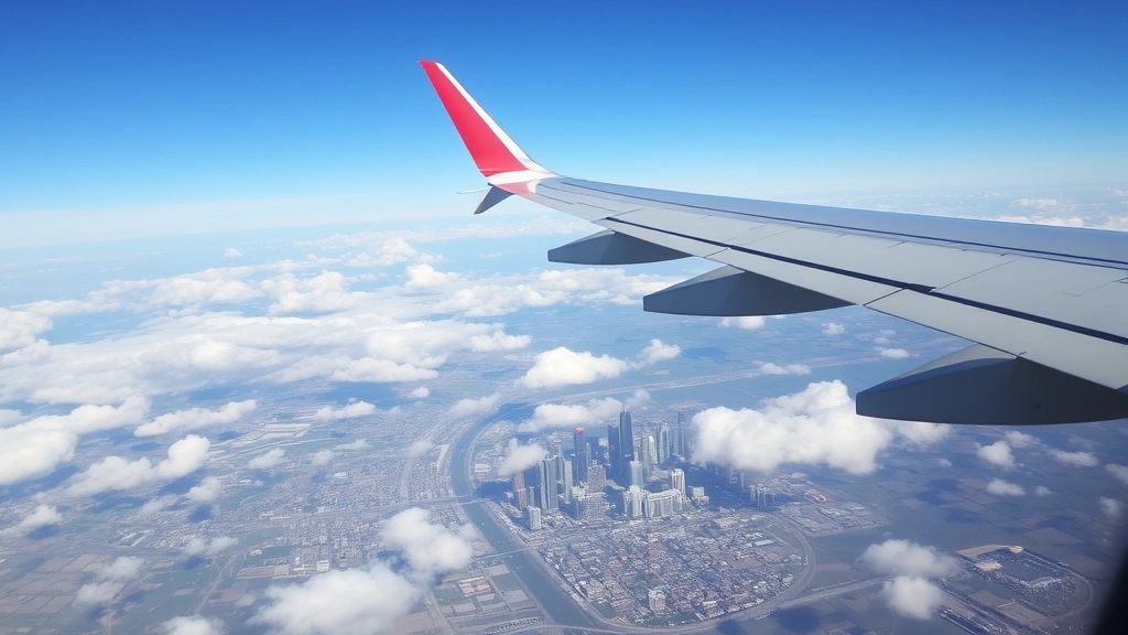 Aerial view of airplane flying over Texas landscape with Dallas skyline visible below, clouds, clear sky, perspective from above