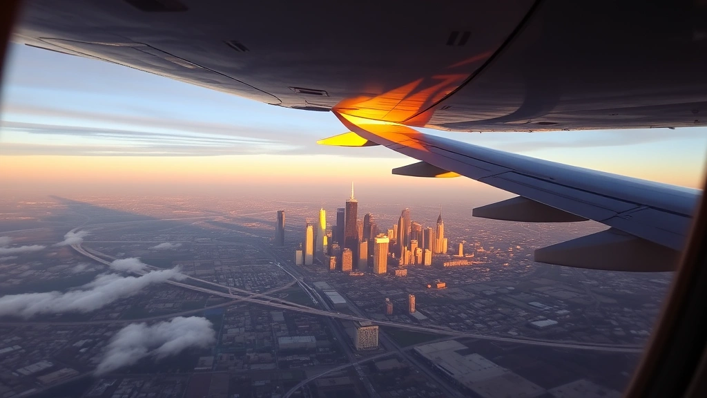 Airplane window view during descent into Dallas skyline, downtown skyscrapers visible below, golden hour lighting, wing of aircraft in frame, authentic flight photography perspective