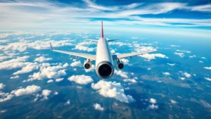 Aerial overhead view of commercial airplane flying over Georgia landscape with blue sky, showing wing and engine against clouds and terrain below, photorealistic travel photography