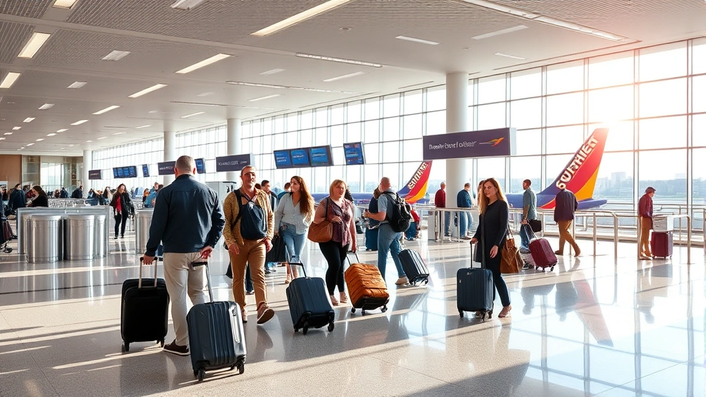 Modern airport terminal interior with passengers checking luggage at Southwest Airlines counter, bright natural lighting from windows, bustling but clear departure area atmosphere