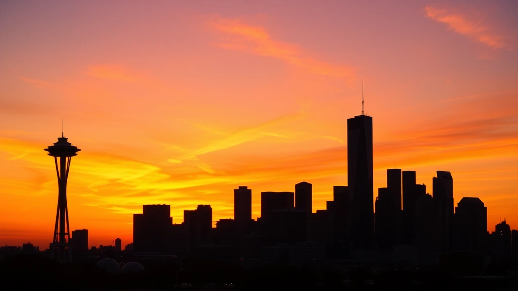 Houston skyline at sunset with Space Needle visible, cityscape silhouette against orange and purple sky, golden hour photography capturing downtown skyline beauty