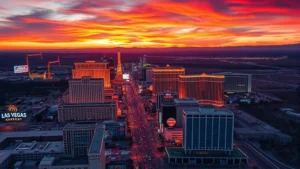 Aerial view of Las Vegas Strip at sunset with neon lights reflecting off buildings, desert landscape surrounding the city, vibrant colors and bustling energy, photorealistic travel photography