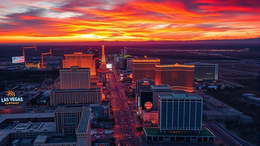 Aerial view of Las Vegas Strip at sunset with neon lights reflecting off buildings, desert landscape surrounding the city, vibrant colors and bustling energy, photorealistic travel photography